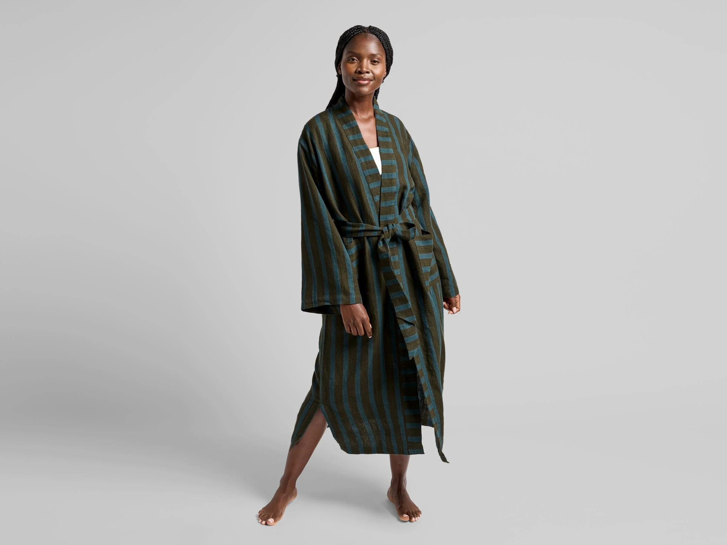 Linen Stripe Robe (Evergreen and Peacock) - Image 2