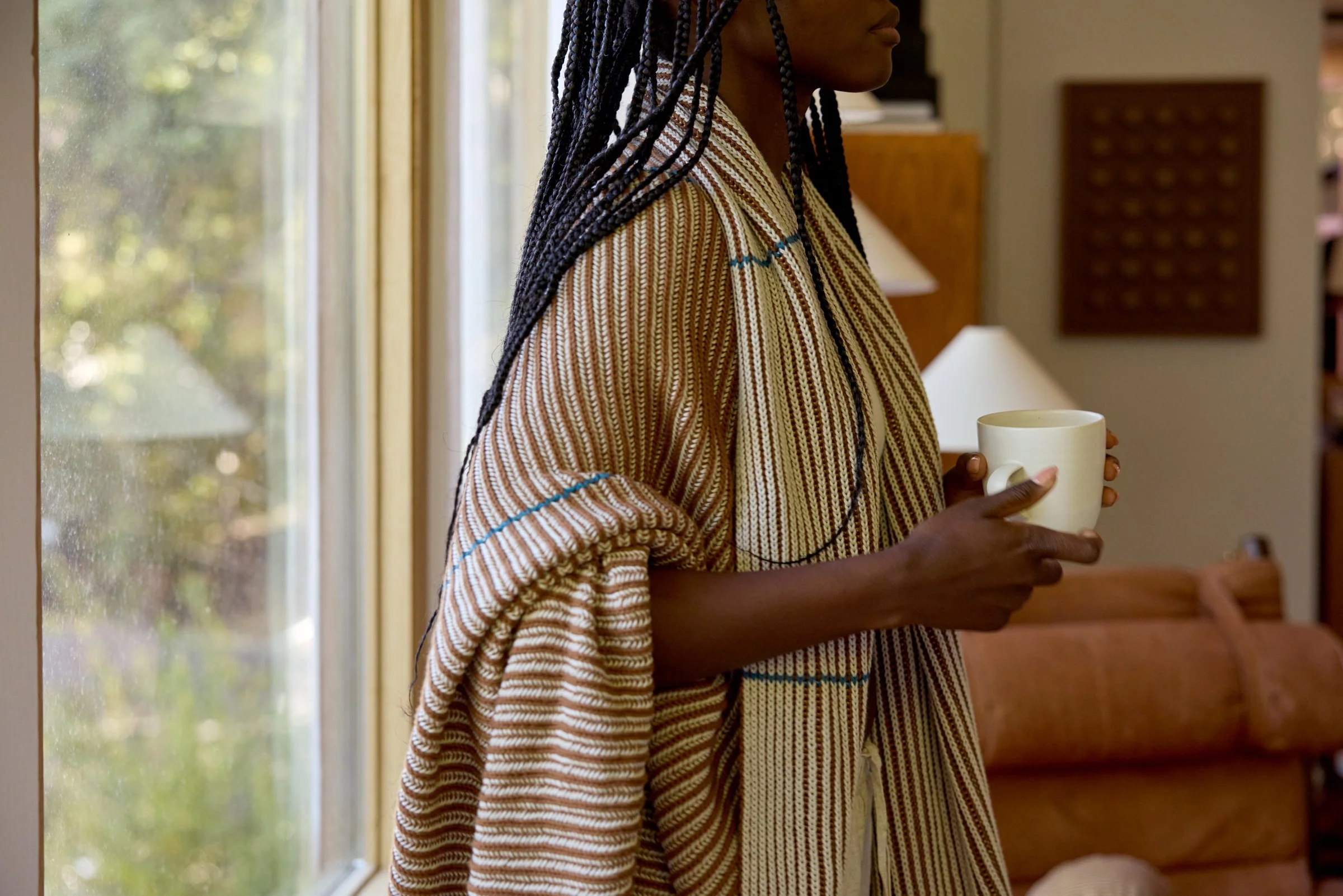 Organic Two Tone Rib Knit Throw (Bone and Tobacco) - Image 2